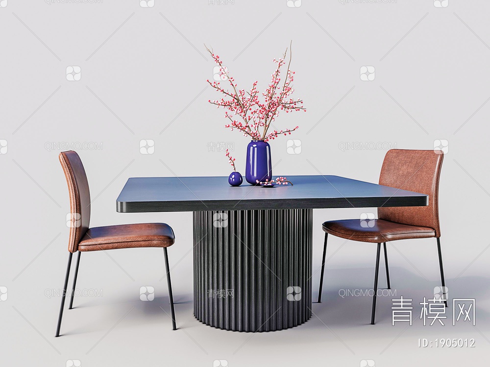 黑色木纹方餐桌 棕色皮革餐椅3D模型下载【ID:1905012】