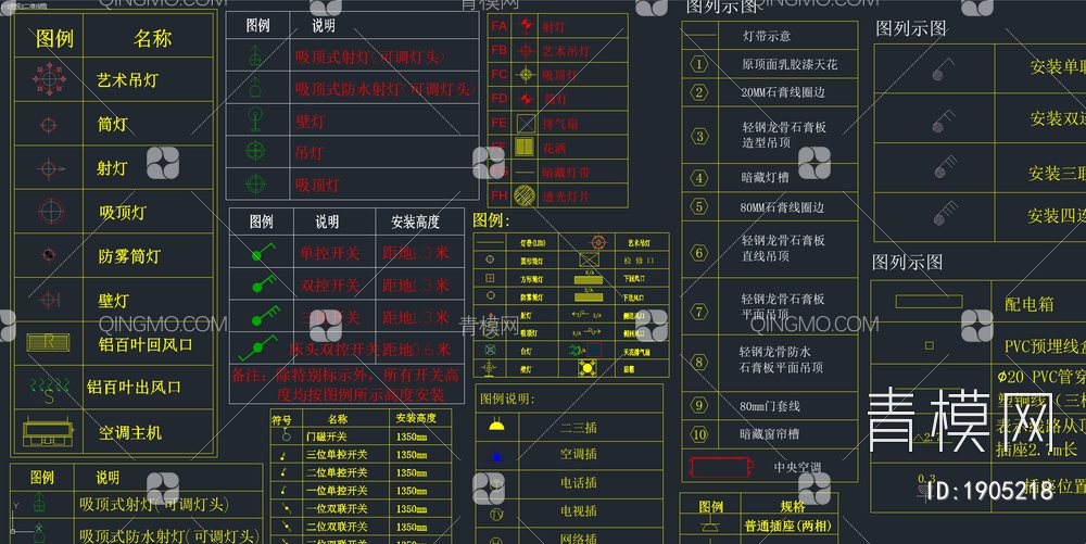 最新电气照明开关插座灯具图例图库【ID:1905218】