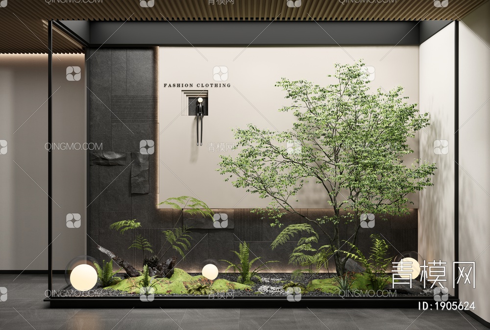 庭院景观小品 室内造景 景观树 蕨类植物 背景墙3D模型下载【ID:1905624】