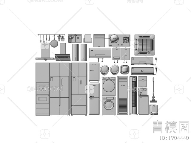家用电器组合 厨房电器 冰箱 空调 洗衣机 油烟机 热水器 厨房用品3D模型下载【ID:1904440】