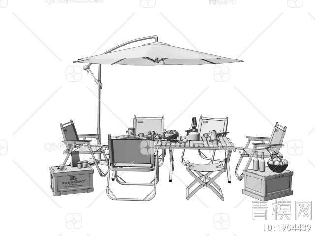 户外桌椅组合 露营桌椅 休闲桌椅 折叠椅 遮阳伞3D模型下载【ID:1904439】