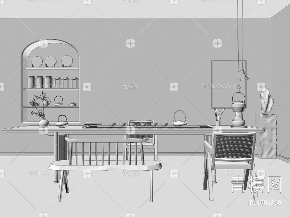 茶室，茶桌椅，茶具3D模型下载【ID:1904860】