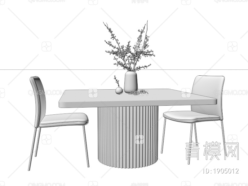 黑色木纹方餐桌 棕色皮革餐椅3D模型下载【ID:1905012】