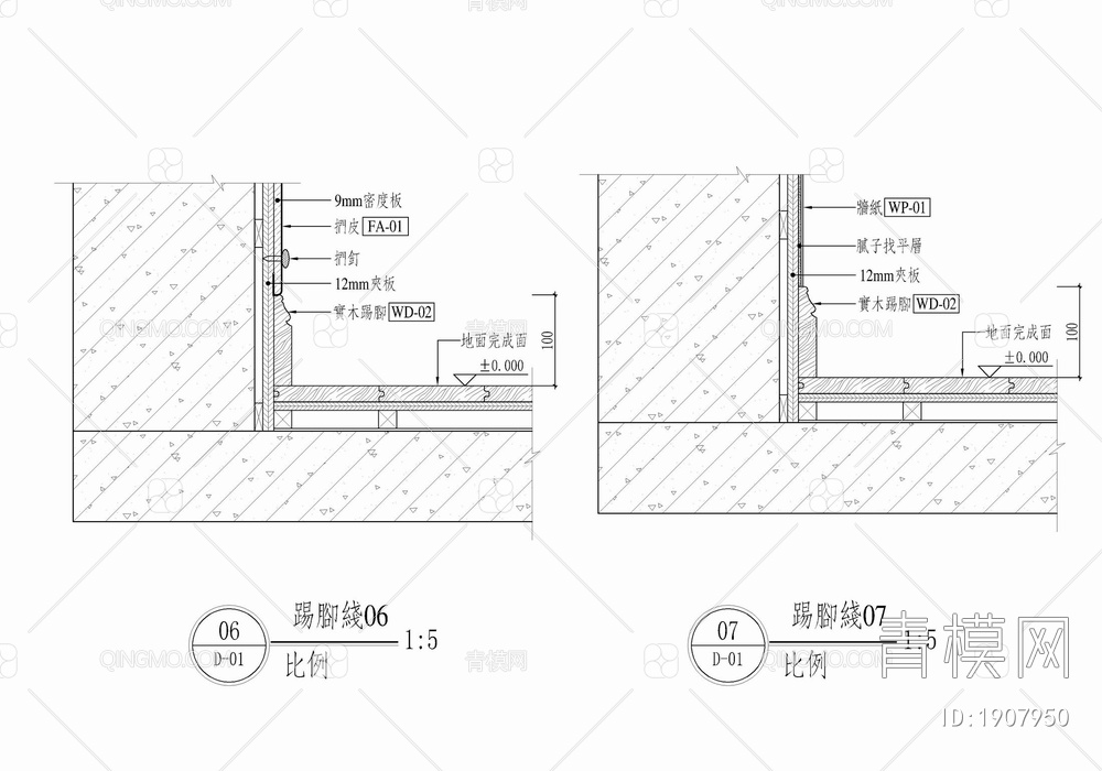 踢脚线与各类墙面装饰收口详图 实木踢脚 不锈钢踢脚 收口 墙面剖面【ID:1907950】