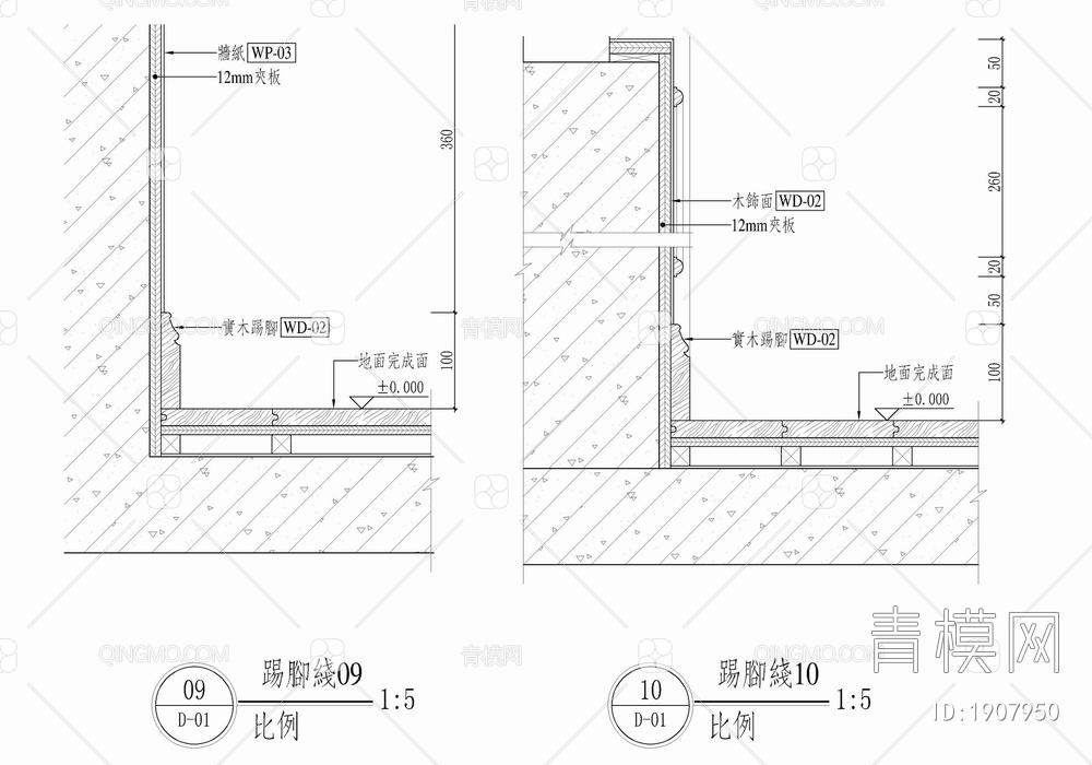 踢脚线与各类墙面装饰收口详图 实木踢脚 不锈钢踢脚 收口 墙面剖面【ID:1907950】