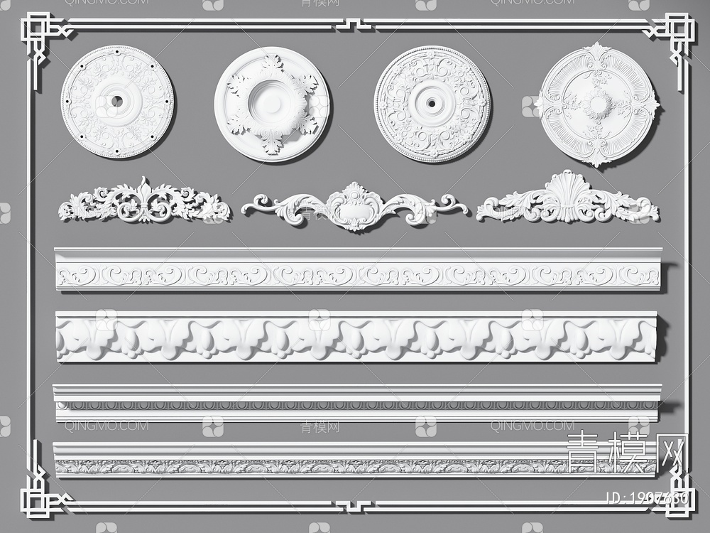 石膏线 灯盘 雕花 角花 雕花线条 角线 装饰线条 圆盘 灯座3D模型下载【ID:1907630】