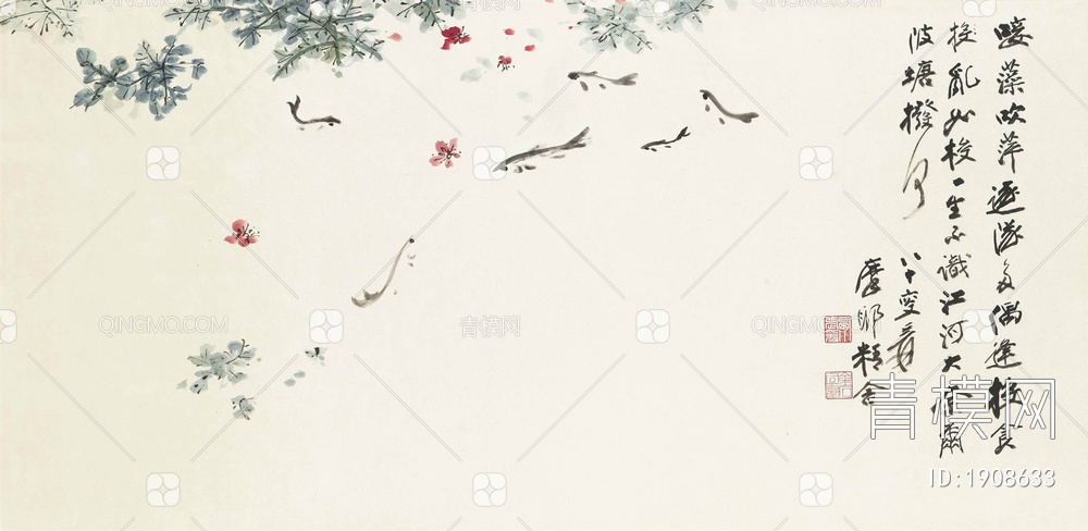 国画 水墨画 张大千 一群吃花的小鱼贴图下载【ID:1908633】