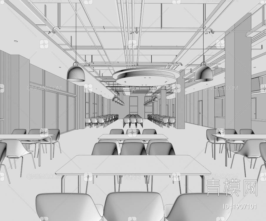 餐厅 公共餐厅 员工餐厅 学校餐厅 餐厅桌椅组合 餐椅 餐厅吊灯3D模型下载【ID:1907101】