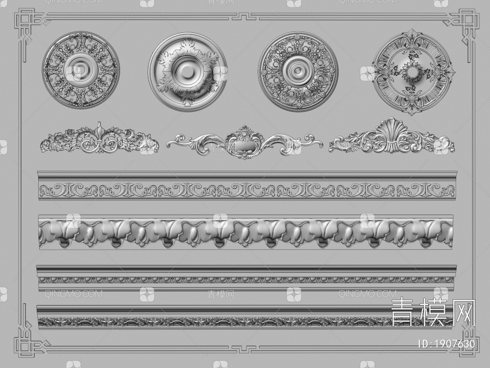 石膏线 灯盘 雕花 角花 雕花线条 角线 装饰线条 圆盘 灯座3D模型下载【ID:1907630】