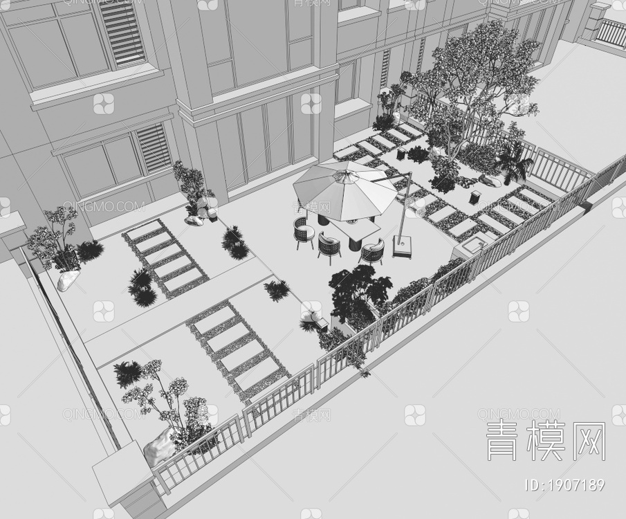 院子 小花园 休闲桌椅组合 遮阳伞 植物3D模型下载【ID:1907189】
