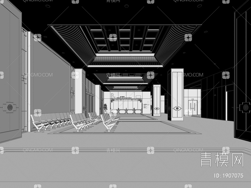 中医医院大厅 医院 病房 大厅 医院大厅 导诊台3D模型下载【ID:1907075】