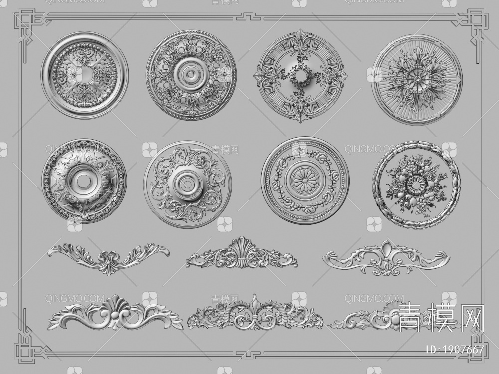 灯盘 雕花 角花 雕花线条 角线 装饰线条 圆盘 灯座3D模型下载【ID:1907667】
