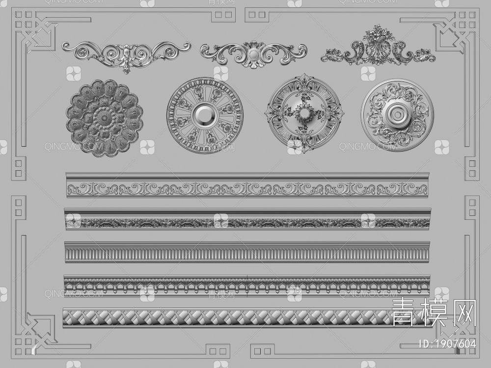 石膏线 灯盘 雕花 角花 雕花线条 角线 装饰线条 圆盘 灯座3D模型下载【ID:1907604】