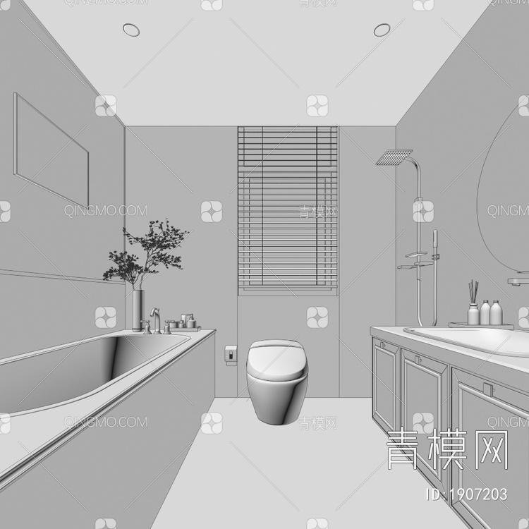 卫生间 洗手盆 浴缸 花洒淋浴3D模型下载【ID:1907203】