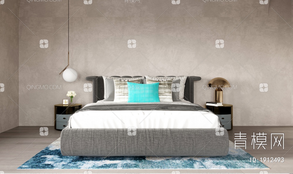 家装卧室 双人床组合3D模型下载【ID:1912493】