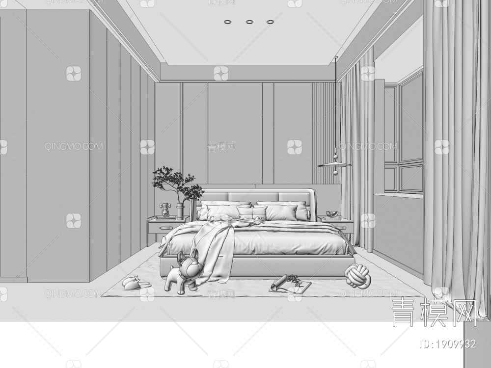 卧室，女孩房，硬包背景墙，无主灯卧室3D模型下载【ID:1909932】