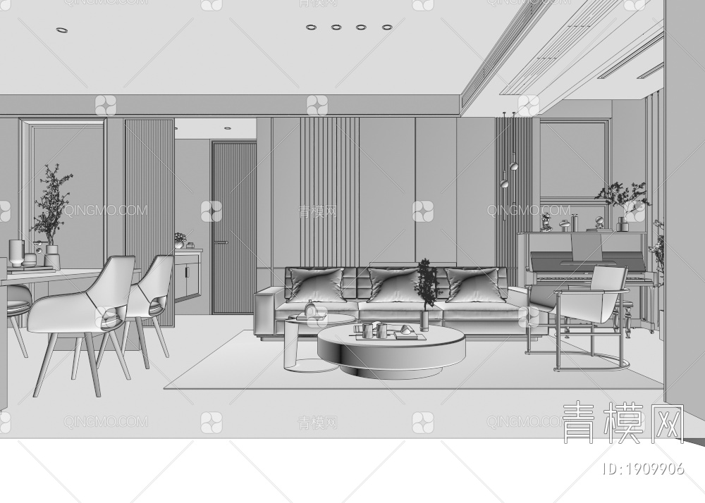 客餐厅，无主灯，酒柜沙发，背景墙3D模型下载【ID:1909906】