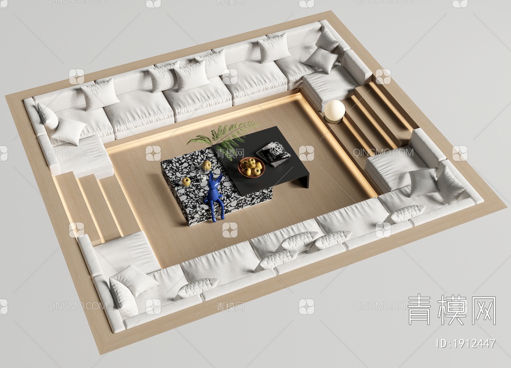 下沉式沙发茶几组合 卡座沙发3D模型下载【ID:1912447】
