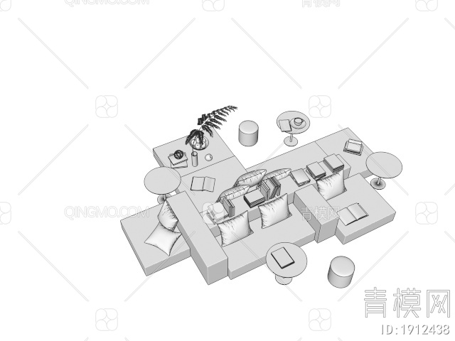 办公区卡座沙发组合 休闲沙发 边几角几 书籍摆件3D模型下载【ID:1912438】