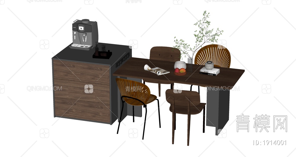 中岛台餐桌椅组合SU模型下载【ID:1914001】