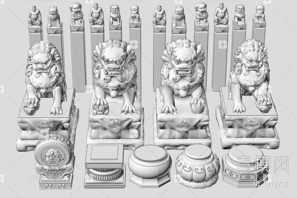 石头狮子雕塑3D模型下载【ID:1912732】