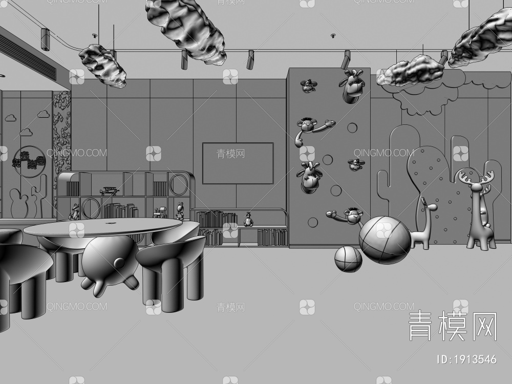 儿童娱乐室 玩偶 海洋球 绿植墙3D模型下载【ID:1913546】