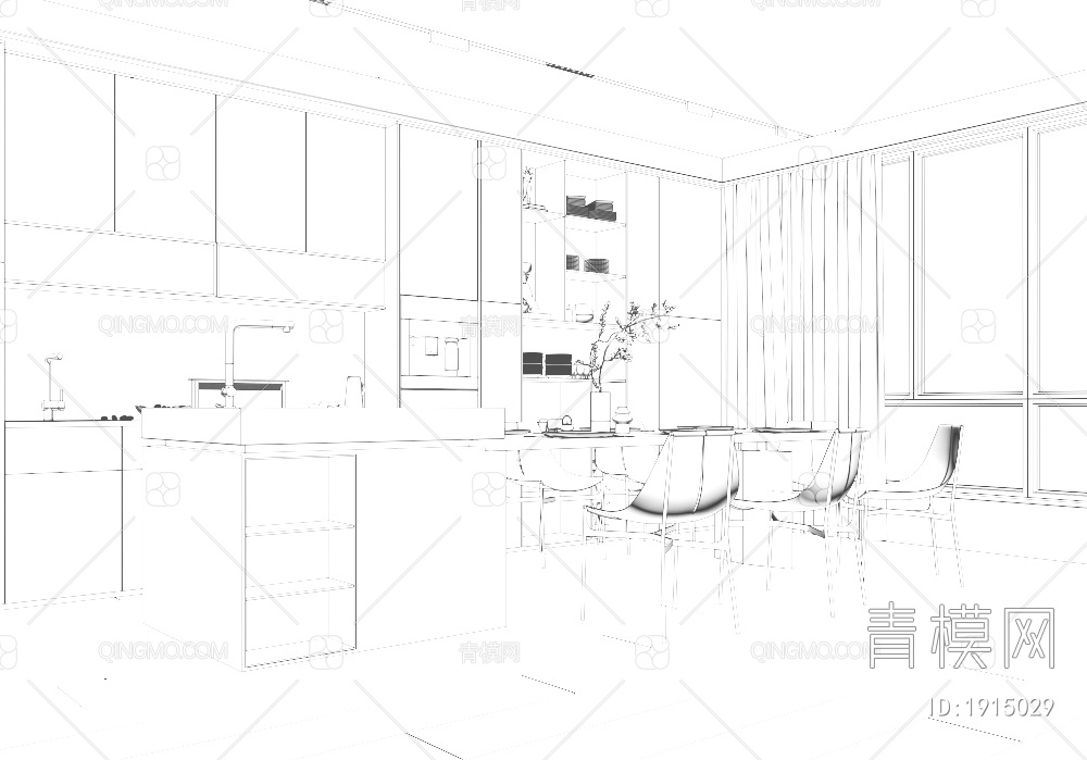 开放式厨房 餐厅 中岛台3D模型下载【ID:1915029】