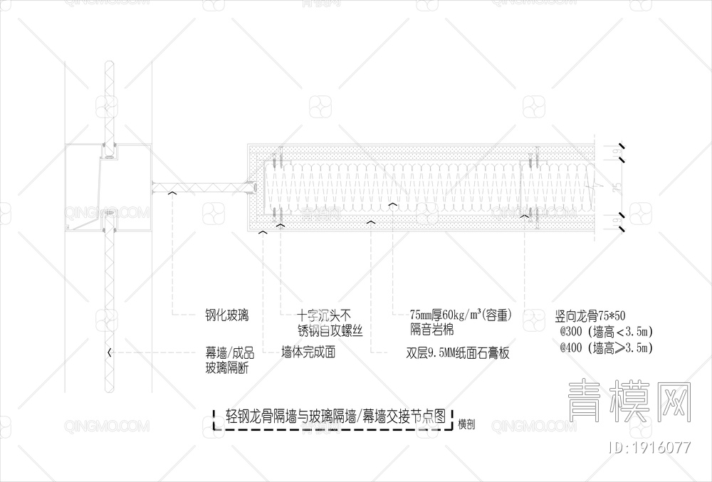 玻璃幕墙窗与轻钢龙骨墙体交接收口(方式一) 节点【ID:1916077】