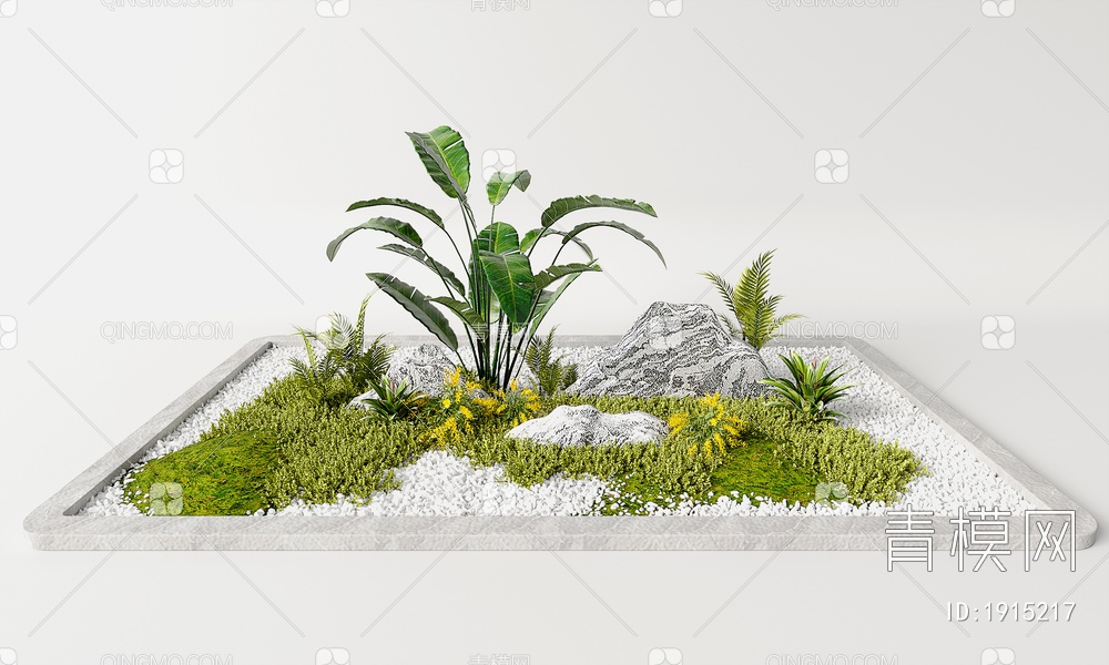 庭院小景组合 白色鹅卵石 植物组合 微地形景观组合3D模型下载【ID:1915217】