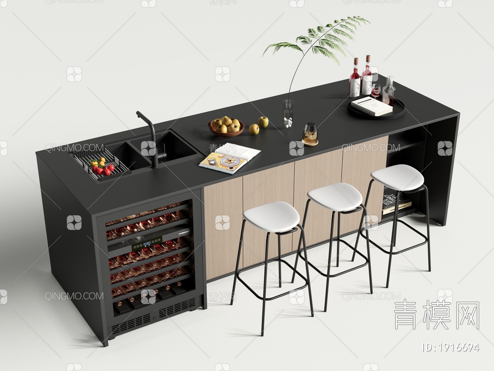 西厨吧台 吧台吧椅组合 中岛台 嵌入式酒柜 水槽3D模型下载【ID:1916694】