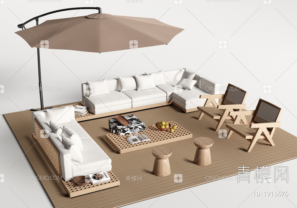 户外沙发 庭院休闲沙发 休闲椅 边几 遮阳伞3D模型下载【ID:1916676】