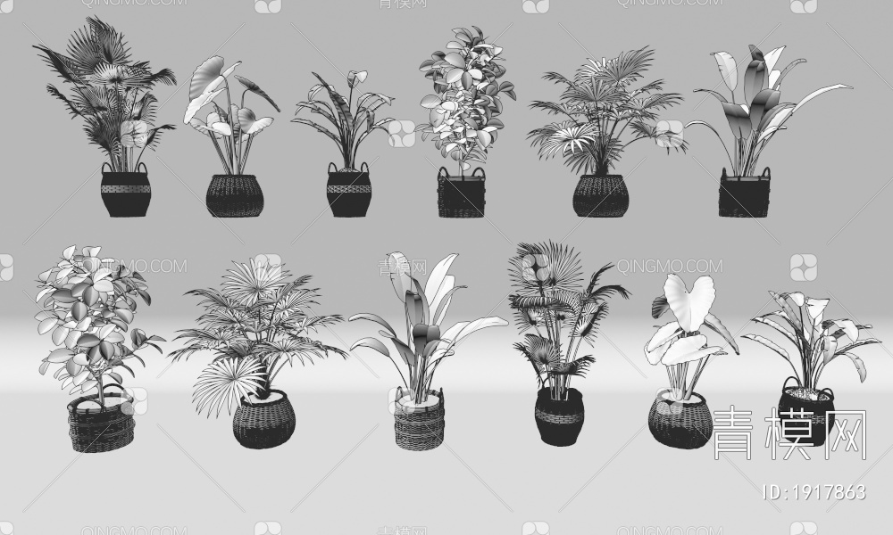 编织筐盆栽  绿植 盆栽植物组合3D模型下载【ID:1917863】