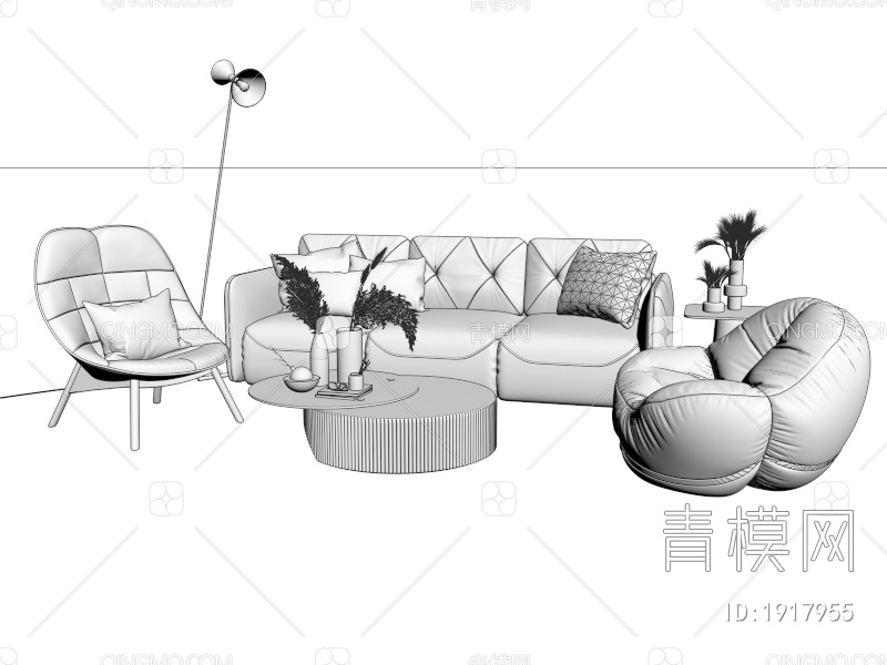 三人棕色皮革沙发组合3D模型下载【ID:1917955】