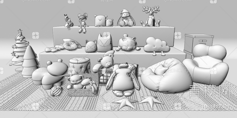 抱枕 玩偶 小鹿玩偶 坐凳 懒人沙发 梦游娃娃组合3D模型下载【ID:1917321】