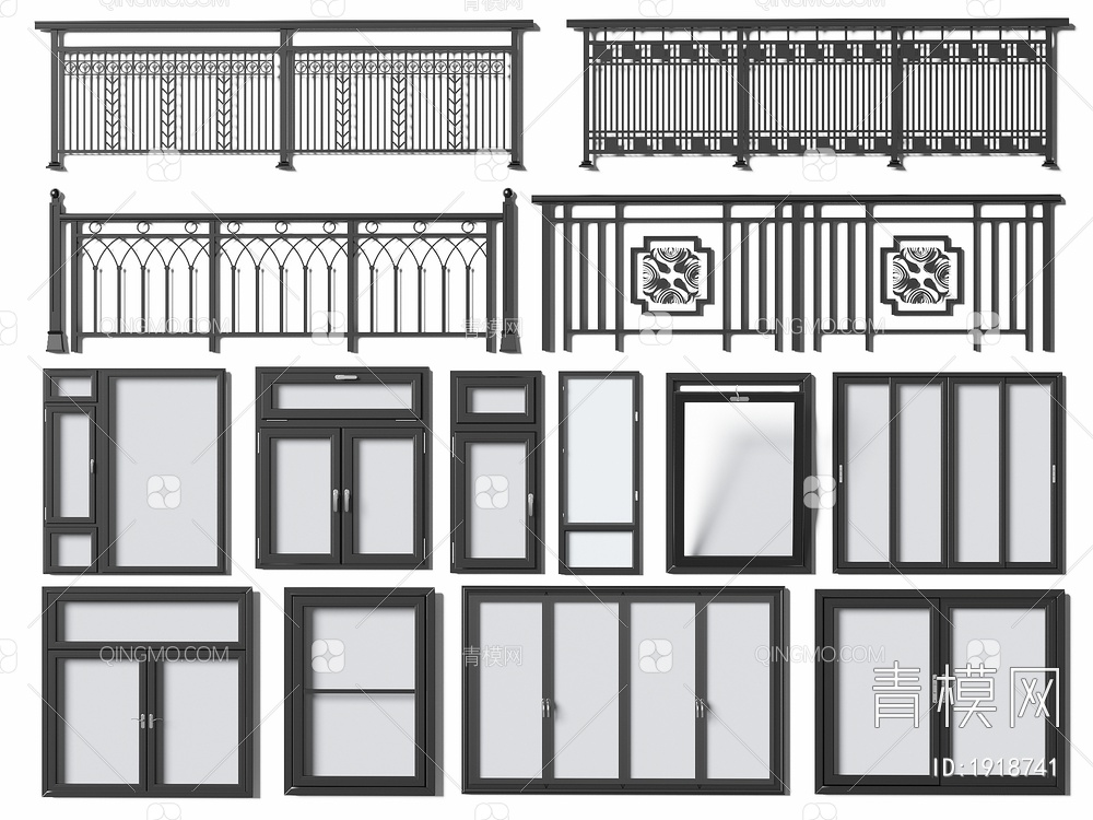 窗户 栏杆 平开窗 落地窗 铝合金窗户 护栏 围栏3D模型下载【ID:1918741】