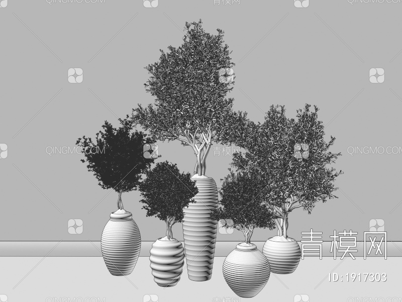 绿色花纹陶器 干枝盆栽组合3D模型下载【ID:1917303】