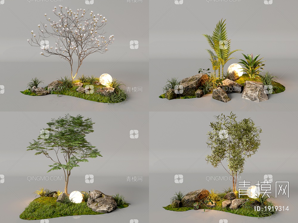 夜景组团小景  植物堆 球形景观灯 草花植物 景观石组合3D模型下载【ID:1919314】