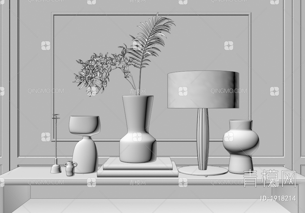 花瓶，花艺，台灯，陶瓷器皿，摆件组合3D模型下载【ID:1918214】