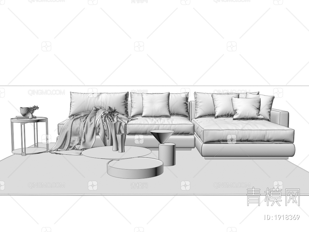 L型多人沙发 茶几组合3D模型下载【ID:1918369】