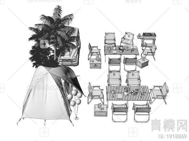 露营帐篷 户外露营桌椅 折叠桌椅 水果食物 汽车3D模型下载【ID:1918869】