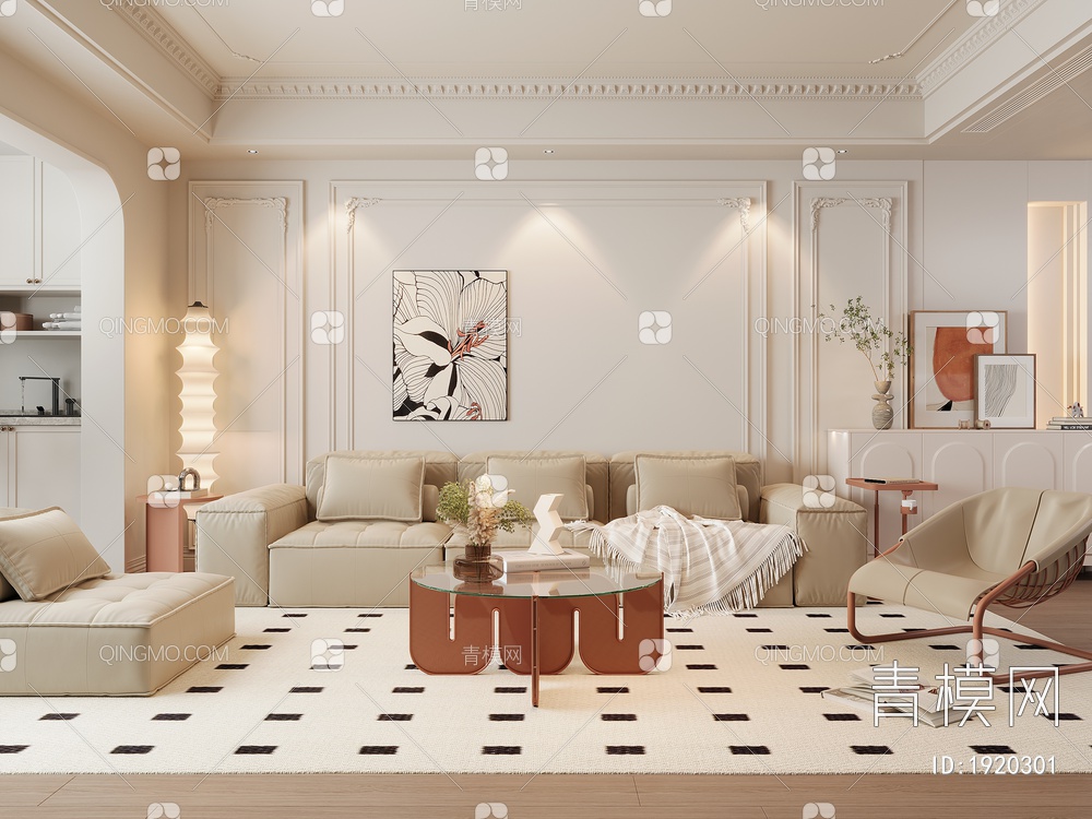 客厅，沙发组合，茶几3D模型下载【ID:1920301】
