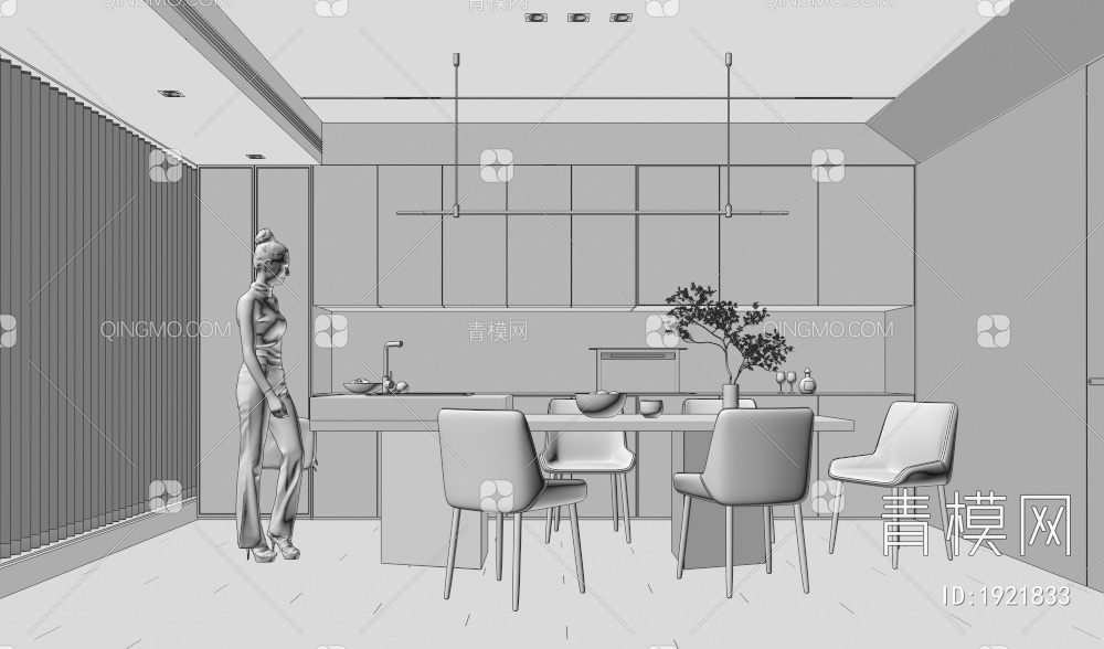 餐厅 岛台 餐桌 餐边柜3D模型下载【ID:1921833】