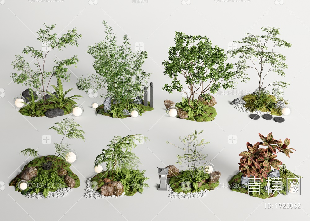 庭院小品 植物造景 植物组合 蕨类植物 景观树 微地形 石头3D模型下载【ID:1923062】
