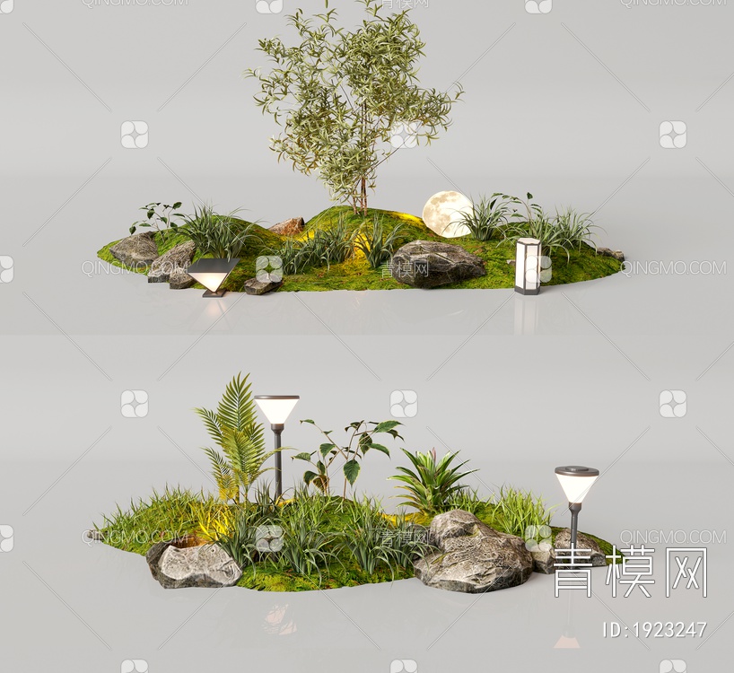 植物组合 景观石 花圃 草坪景观 庭院景观 景观灯 树 石头 花草3D模型下载【ID:1923247】