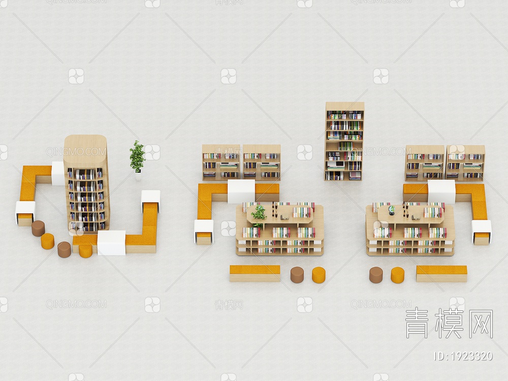 图书馆书架，书柜，儿童读物书架，阅读室书柜，展示书架，包柱书柜，座椅3D模型下载【ID:1923320】