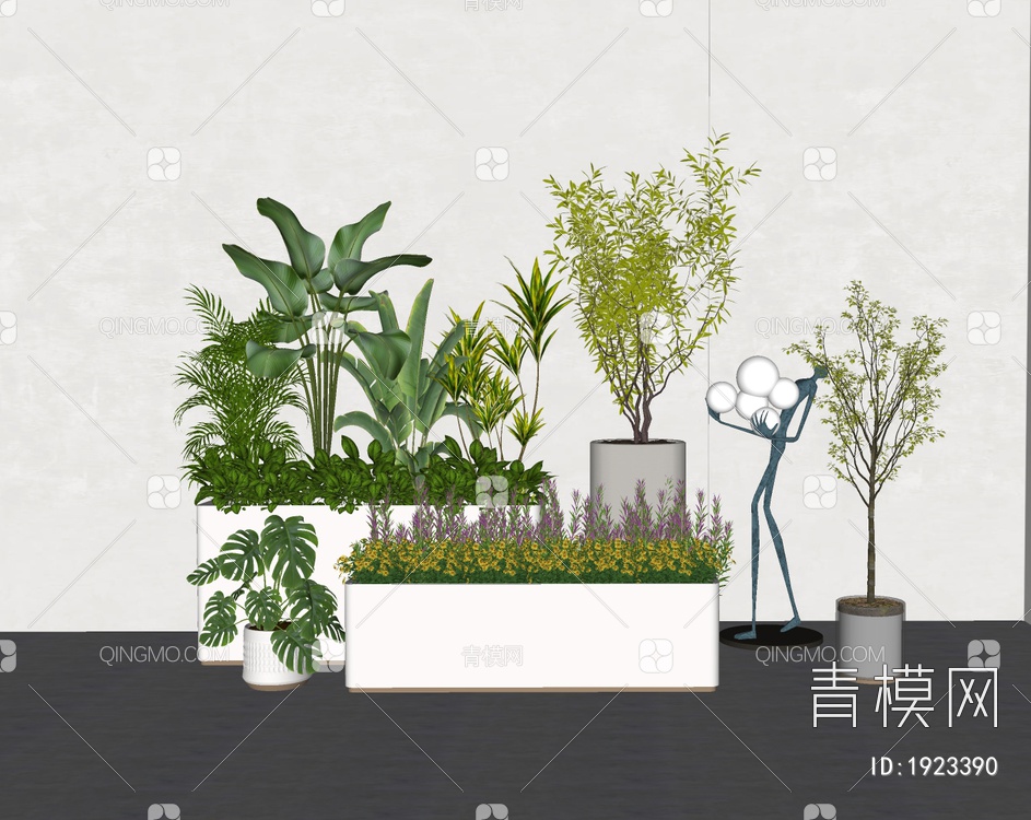 植物花箱 绿植堆 植物组合SU模型下载【ID:1923390】