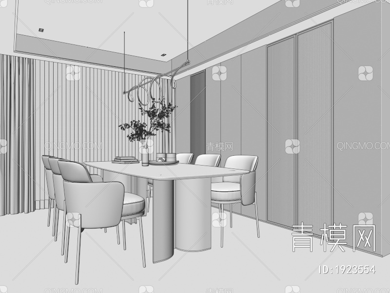 餐厅 餐桌椅 玻璃柜 书柜 画 吧台 酒柜 奶油风餐厅 吊灯 岛台3D模型下载【ID:1923554】