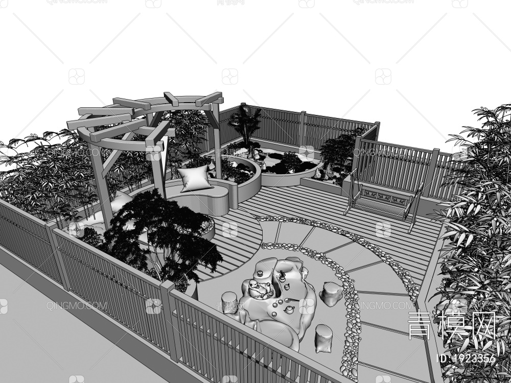 别墅屋顶花园，庭院露台景观，园艺景观小品，茶海，休闲台，秋千，花坛3D模型下载【ID:1923356】
