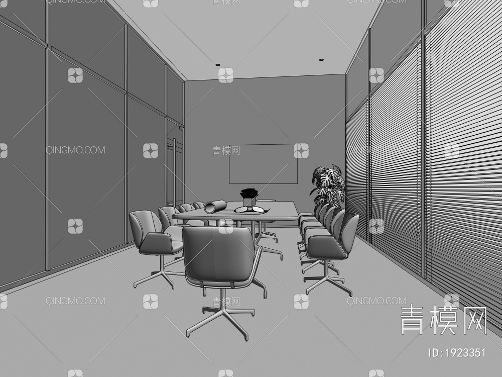 办公洽谈室，接待室，小会议室，办公玻璃高隔，百叶玻璃隔断墙，洽谈桌椅3D模型下载【ID:1923351】