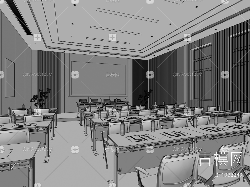 会议室，接待厅，报告厅，会议厅，长条折叠会议室桌椅，投影仪造型背景墙3D模型下载【ID:1923349】